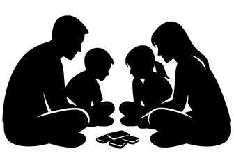 Family Sitting In Circle Ignoring Smartphones, Screen Free Family Time Human Connection Concept, Black Vector Silhouette
