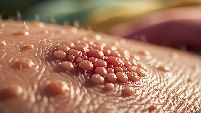 Close-up view of flesh-toned skin lesions indicating a dermatological condition, revealing detailed texture.