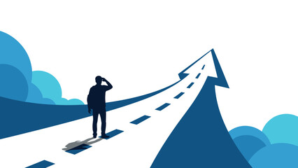 Obraz premium Silhouette of a traveler stands on an arrow shaped road that curves upward into the sky representing a clear path to career growth.