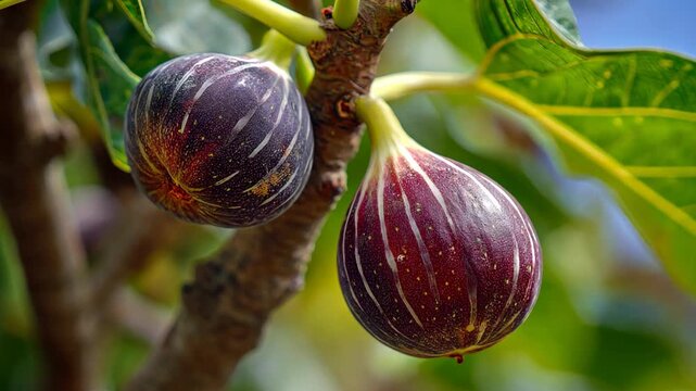 Close up of beautiful purple fig fruit growing on a tree, showcasing rich color, natural texture, and fresh organic harvest in warm outdoor sunlight.
