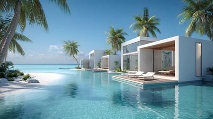 Fototapeta premium Modern Luxury Beachfront Villa with Infinity Pool and Tropical Ocean View
