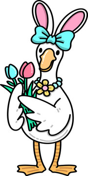 Cute Goose with Bunny Ears and Flowers Illustration