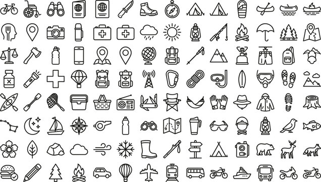 Travel and Adventure Outdoor Activity Icon Set Hand Drawn Outline Vector Collection for Tourism and Exploration