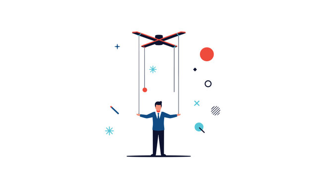 Professional man is depicted as a puppet being controlled by strings from above illustrating a lack of autonomy and control.