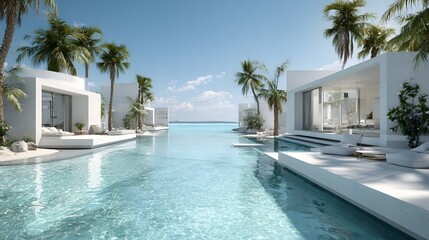 Fototapeta premium Modern Luxury Beachfront Villa with Infinity Pool and Tropical Ocean View
