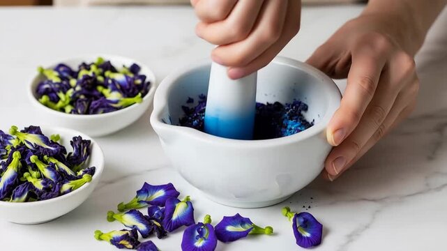 Woman grinding butterfly pea flower in mortar and pestle preparing natural herbal tea or food coloring powder