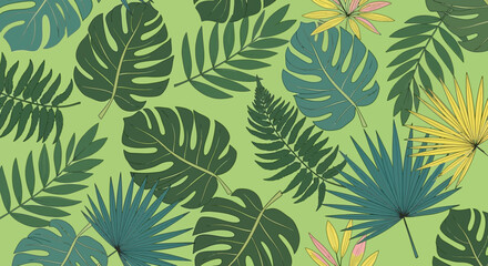 Tropical leaves pattern with varied foliage and vibrant colors in a seamless design