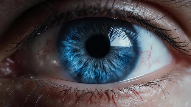 Side-profile macro of an eye. Studio lighting. Clear view of the lens and pupil dilating. Professional medical documentary style, ultra-clean aesthetic