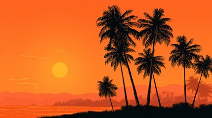 Tranquil Sunset Over Tropical Beach with Silhouetted Palm Trees Against Orange Sky and Calm Waters