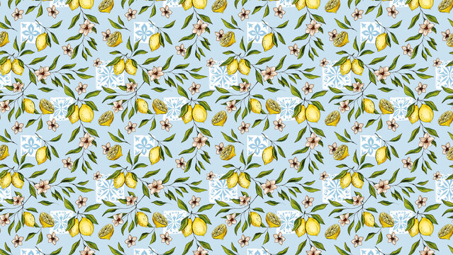 Mediterranean Lemons Green Leaves Seamless Pattern Hand Drawn Illustration with Traditional Azulejo Tiles Motifs for Summer Sunny Coastal Background, Fresh Travel Banner Designs or Wallpapers