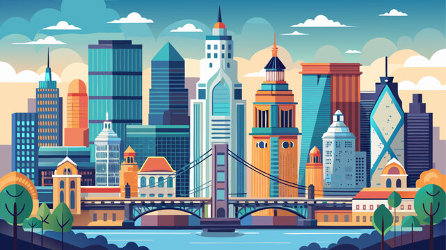 Very beautiful flat vector illustration of the Philadelphia skyline featuring City Hall, Liberty Place, and Comcast Center, with simplified bridges and riverfront foreground in clean geometric style.