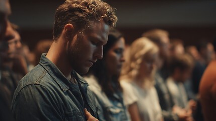 Fototapeta premium Man praying in church congregation people crowd worship prayer religion