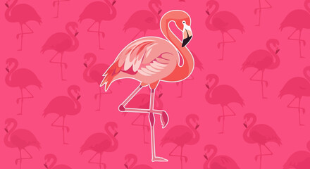 A vibrant pink flamingo stands on one leg in a lively graphic illustration surrounded by multiple flamingos © Avra