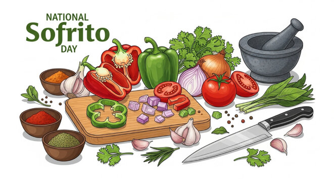 National Sofrito Day Vector Illustration with Fresh Ingredients, Herbs, Spices, and Culinary Preparation