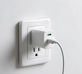 Close-up macro of USB-C charger connected to wall socket