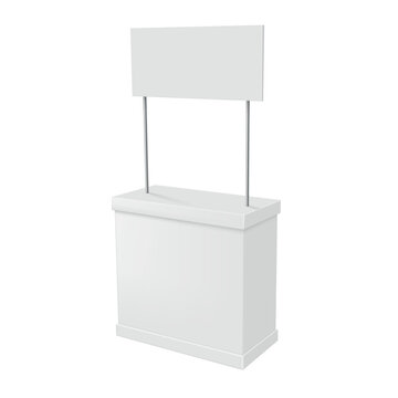 Counter for promotions or retail stands is placed on a white background. This stand features a flat surface and a tall sign holder above. It is suitable for various events and sales.