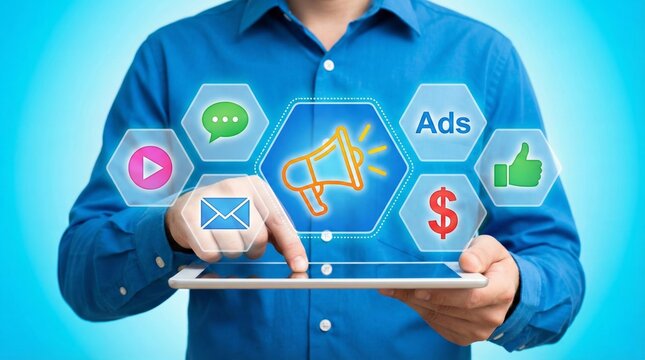 Businessman holding tablet with holographic megaphone and social media icons, visualizing digital marketing campaign, online advertising strategy, and promotion technology concept.