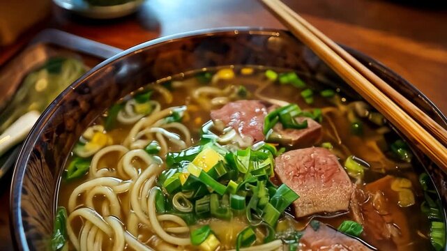 Close up top view of meat pho in a bowl, showcasing rich aromatic broth, tender beef slices, fresh herbs, and authentic Vietnamese cuisine presentation.