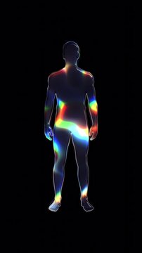 A standing man shimmering with various colored lights on a glass-like surface with an alpha channel. Seamless loop video.