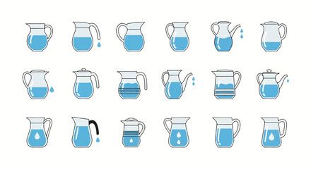 Collection of blue water jugs with various handles and water levels