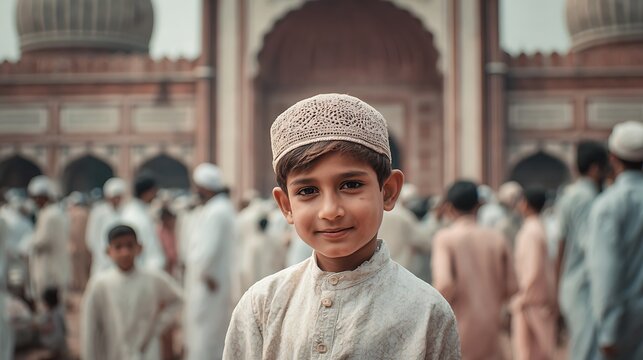 Young boy in traditional attire smiling at mosque child islamic muslim cap