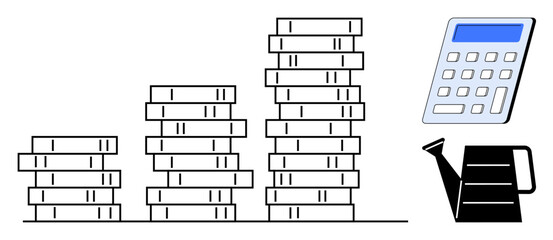 Investment strategies, financial growth, savings management, wealth accumulation, business profits, budgeting. Stacks of coins, a calculator and a watering can. Financial growth and savings
