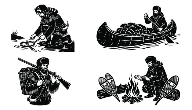 Vintage Frontier Trapper Life Illustrations