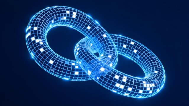 Interlocking toroidal structures with glowing blue grid pattern on dark background