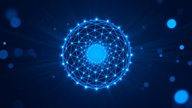 A glowing blue spherical network structure with interconnected nodes and lines, set against a dark background with bokeh light effects.