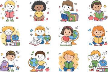 Cute Diverse School Kids Character Set with Books Backpacks Studying Poses Classroom Items and Happy Learning Vector Illustrations