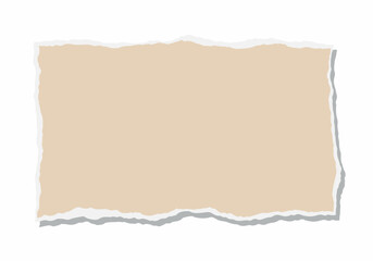 Obraz premium A torn piece of light brown paper with a rough, torn edge, casting a soft shadow on a white background, perfect for design elements and creative projects