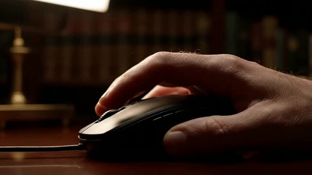 Close up of hand clicking a mouse on a desk or Close up of hand using a mouse on a desk