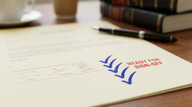 Professional business document paper ready for sign off with blue check mark graphic showing successful finalized agreement contract concept on wooden office desk with pen and books background