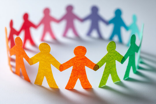 A circle of colorful paper people holding hands in a symbolic display of unity and diversity