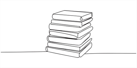 Continuous one line drawing of a diverse collection of books on a shelf, upright and leaning, representing education, knowledge, and literary wisdom. Continuous one line drawing of a closed book.  © Md