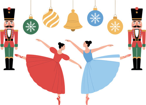 Christmas Ballet Scene with Ballerinas Toy Soldiers Festive Ornaments Nutcracker Theme Holiday Celebration CAD Flat Vector Illustration