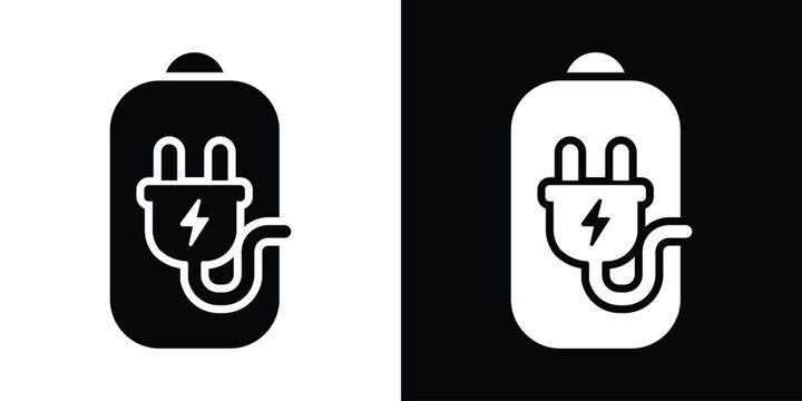 Battery icon featuring a power plug with a curved cord. High-quality vector illustration for charging cables, power connectivity, and electrical device refueling status.