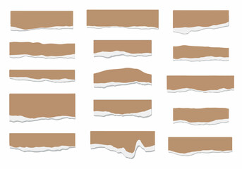 Collection of torn paper edges with a raw, textured brown cardboard material and white inner layers, perfect for graphic design elements and creative projects