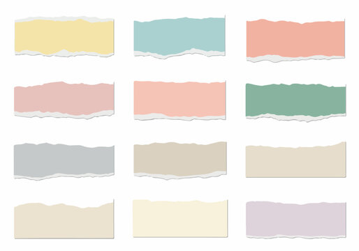 Collection of twelve colorful ripped paper strips isolated on a white background, perfect for design elements and scrapbooking