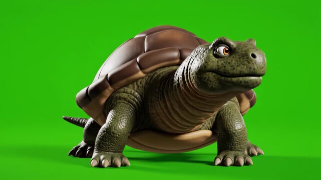 A playful animated turtle with expressive eyes on a green screen, suitable for children's media and creative projects. Bright and inviting mood.