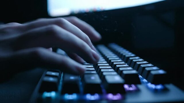 Close up of hand typing on keyboard in dark room or Close up of fingers pressing keys on keyboard in dim light