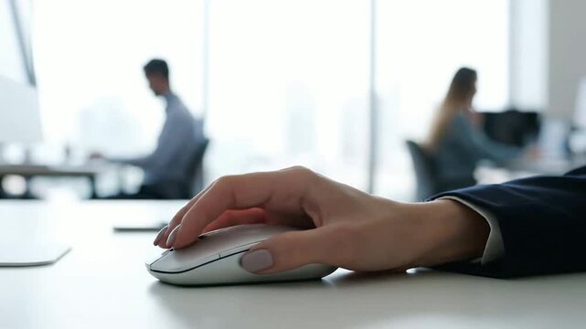 Close up of hand using a computer mouse in an office or Close up of hand scrolling with a mouse on a desk