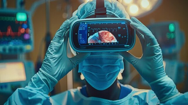 A surgeon dons a virtual reality headset to navigate a complex procedure within a cutting-edge operating room, leveraging advanced medical technology and equipment to precision-treat a patient