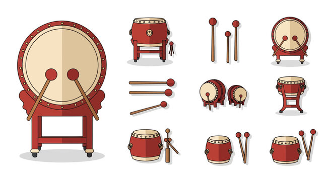 Traditional japanese taiko drums and drumsticks collection set with wooden stand on white background, concept for cultural music festival, percussion performance and asian tradition celebration