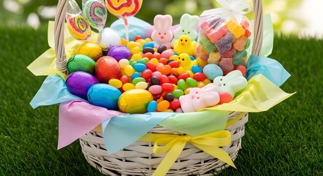 Vibrant easter basket filled with colorful eggs and candy on a sunny day