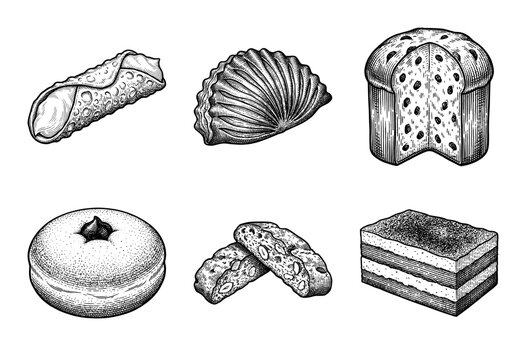 Vintage style hand drawn engraving collection of traditional Italian pastries and desserts featuring cannoli panettone and biscotti