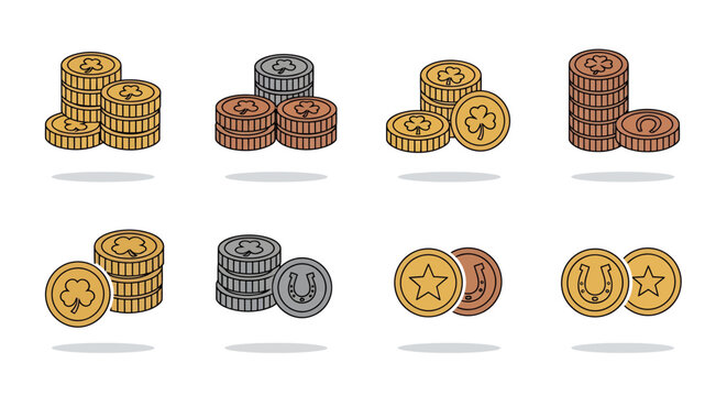 Stacks of gold silver and bronze lucky coins with shamrock horseshoe and star engravings isolated on white, concept for saint patricks day, gambling reward and financial success branding
