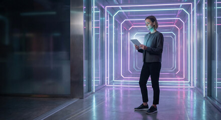 Business Woman Standing in Futuristic Neon Tunnel Using Tablet for Digital Work and Innovation.