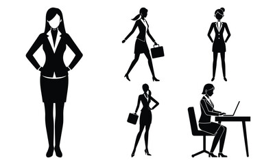 Obraz premium Businesswoman Silhouettes Vector Set, Corporate Professionals Working, Office Lifestyle Illustration