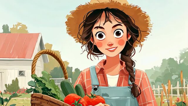 Cartoon style illustration of a woman holding a basket of fresh vegetables at a rural home, representing sustainable lifestyle, home farming, and eco friendly living.